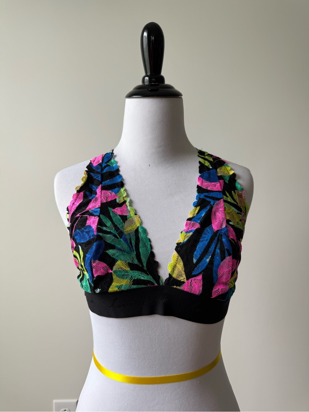 PINK Victoria's Secret Black Lace Bralette with Neon Floral Print